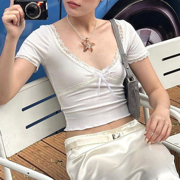 2024 New Summer Style Short Color V-Neck Lace Splicing Bowknot Slim Fashion Short-Sleeved T-Shirt
